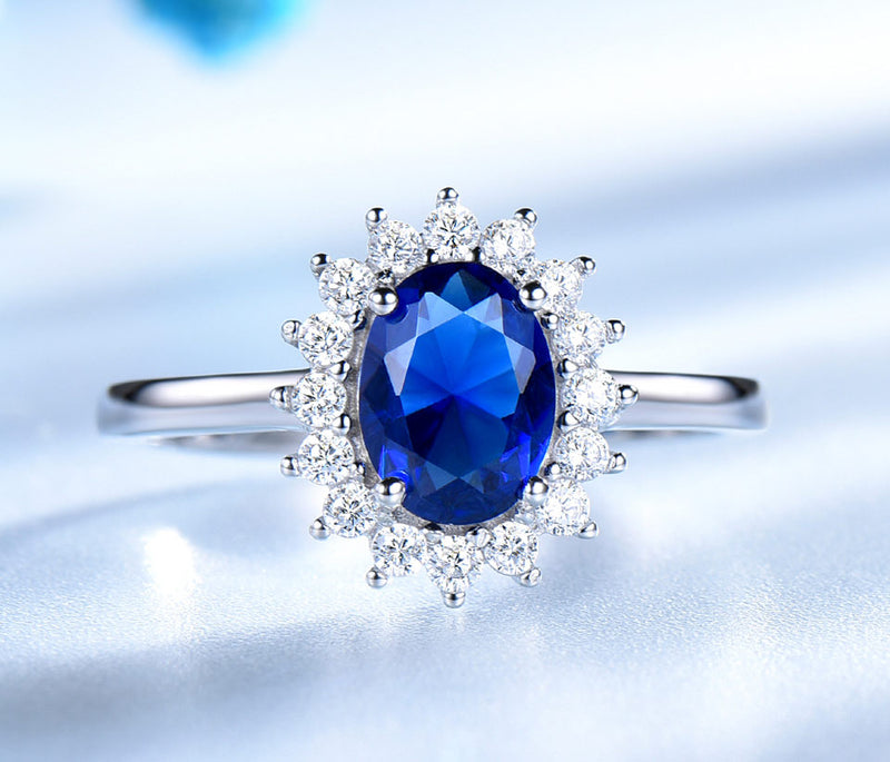 Sapphire Blue Oval Cubic Zirconia Sterling Silver Ring