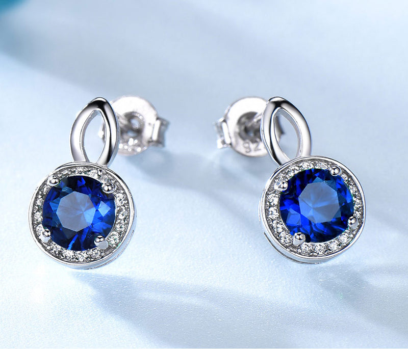 Round Sapphire Blue Cubic Zirconia with an Oval Design, Sterling Silver Earrings
