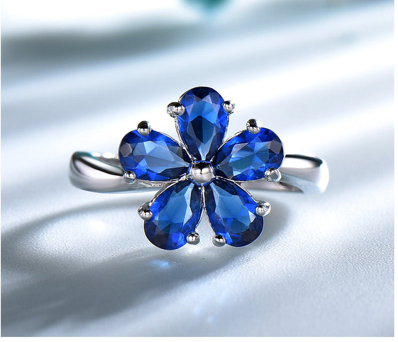 Pear Shape Sapphire Blue Cubic Zirconia Floral Sterling Silver Ring
