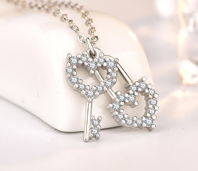 Heart Lock Key Cubic Zirconia Pendant Necklace, Sterling Silver