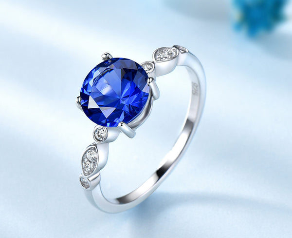 Sapphire Blue Round 8MM Cubic Zirconia Sterling Silver Ring