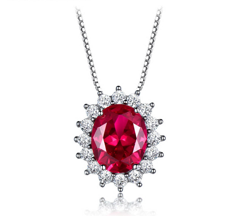 Oval Halo-Set Ruby Red Cubic Zirconia Pendant Necklace, Sterling Silver