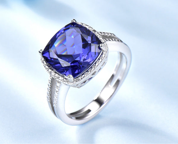 Cushion 10 x 10 Tanzanite Violet Cubic Zirconia Sterling Silver Ring