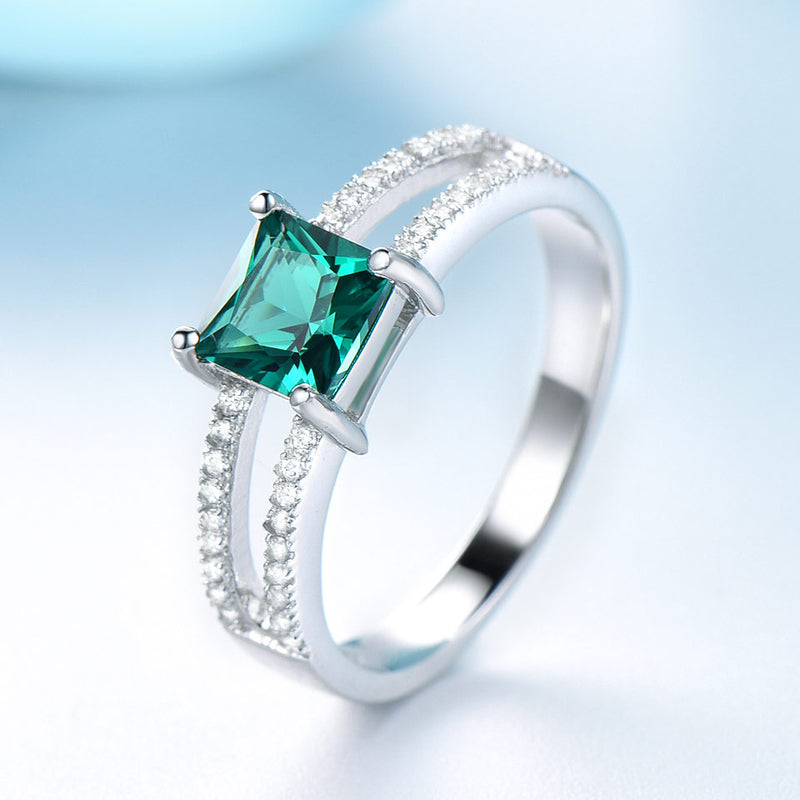 Square Emerald Green Cubic Zirconia Two Row Mounting Sterling Silver Ring