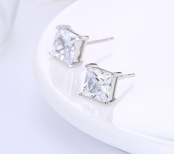 Square White Cubic Zirconia Sterling Silver Stud Earrings