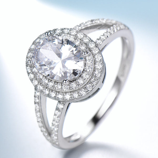 Oval 6 x 8 White Cubic Zirconia Double Halo Split Shank Sterling Silver Ring