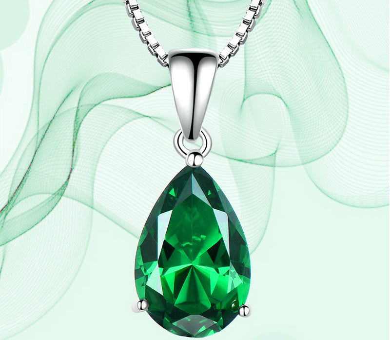 Pear Emerald Green Cubic Zirconia Pendant Necklace, Sterling Silver