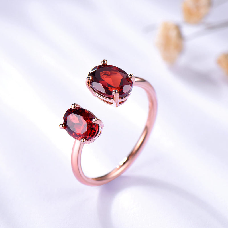 Double Oval Garnet Red Cubic Zirconia Sterling Silver Open Ring
