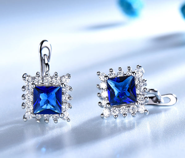 Square Sapphire Blue Cubic Zirconia Sterling Silver Earrings