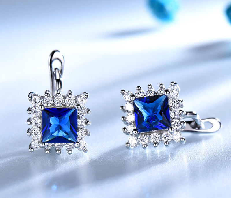 Square Sapphire Blue Cubic Zirconia Sterling Silver Earrings