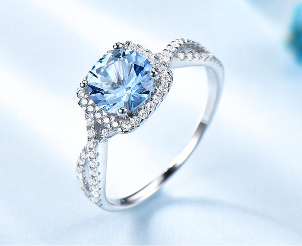 Triple AAA Cut Round Aquamarine Blue Cubic Zirconia Sterling Silver Ring