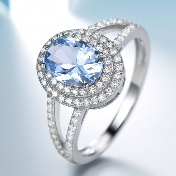 Oval Aquamarine Sky Blue Cubic Zirconia Double Halo Split Shank Sterling Silver Ring