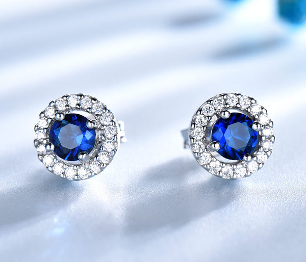 Round Sapphire Blue Cubic Zirconia Sterling Silver Earrings
