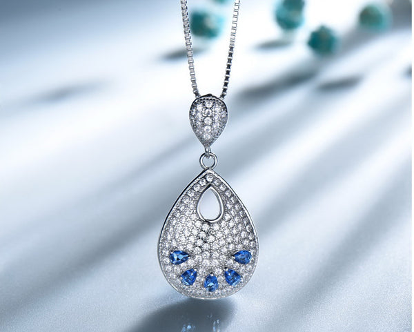 Double Pear Design Sapphire Blue Cubic Zirconia Pendant Necklace, Sterling Silver