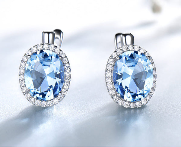 Oval Aquamarine Sky Blue Cubic Zirconia Sterling Silver Earrings