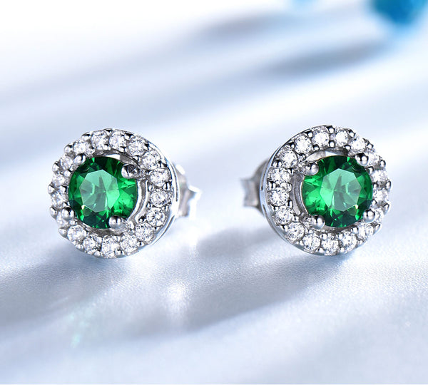 Round Emerald Green Cubic Zirconia Sterling Silver Earrings