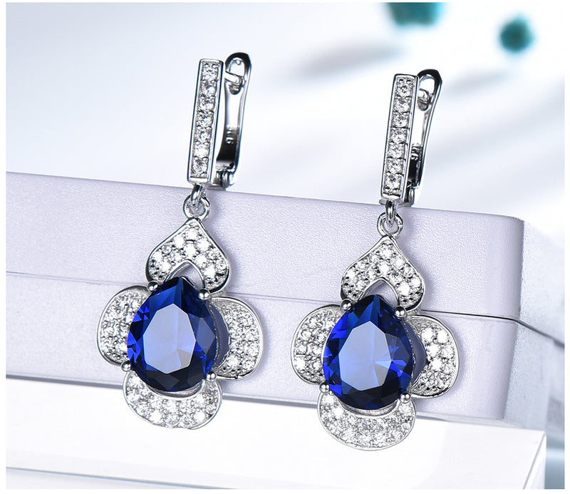 Dangling Pear Sapphire Blue Cubic Zirconia Sterling Silver Earrings