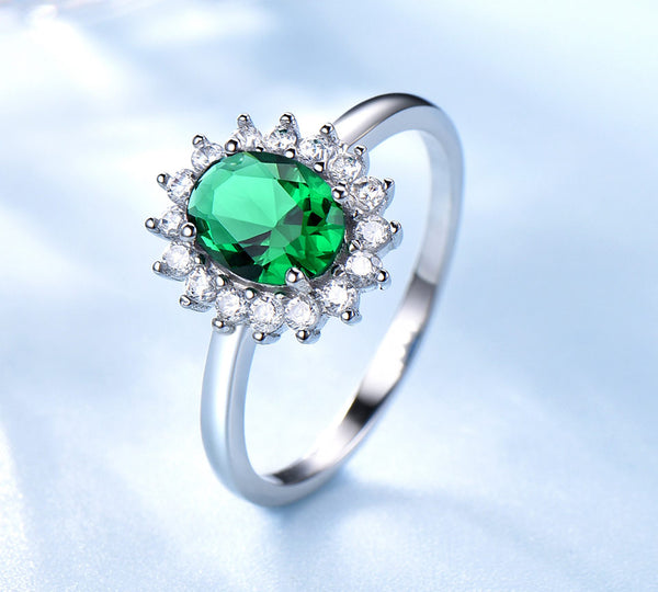 Emerald Green Oval Cubic Zirconia Sterling Silver Ring