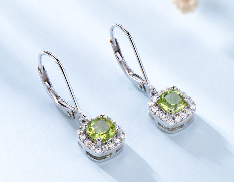 Cushion Peridot Green Cubic Zirconia Sterling Silver Earrings