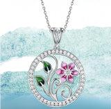 Pink Flower with Leaves Enamel Pendant Necklace, Sterling Silver