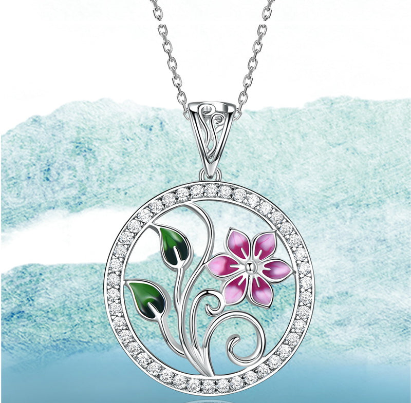 Pink Flower with Leaves Enamel Pendant Necklace, Sterling Silver