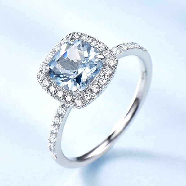 Aquamarine Sky Blue Cushion Cubic Zirconia Sterling Silver Ring