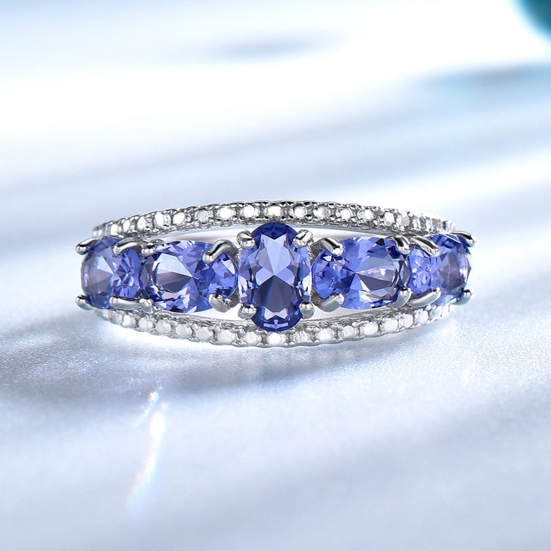 Five Oval Sapphire Blue Cubic Zirconia Sterling Silver Designer Ring