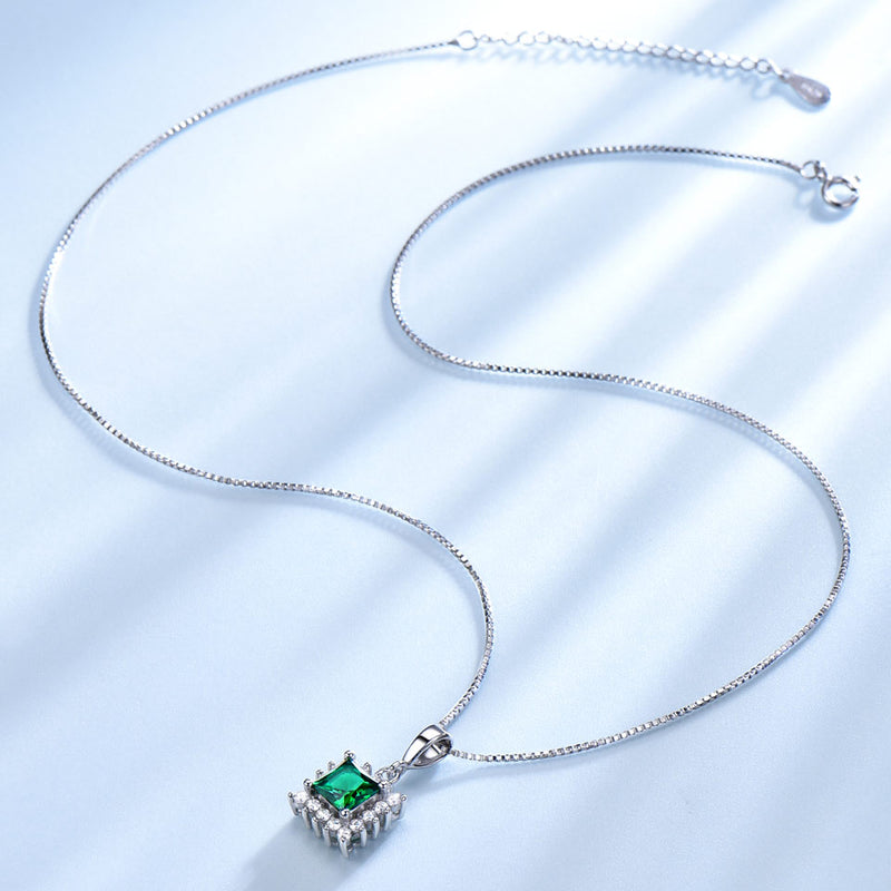 Square-Set Emerald Green Cubic Zirconia Pendant Necklace, Sterling Silver