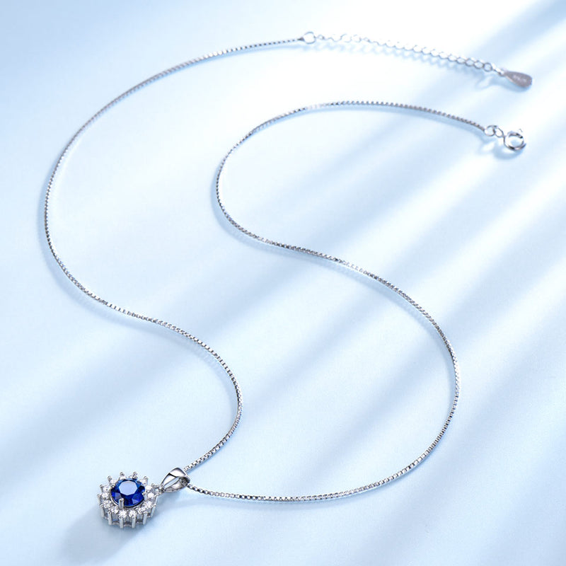 Round Halo-Set Sapphire Blue Cubic Zirconia Pendant Necklace, Sterling Silver