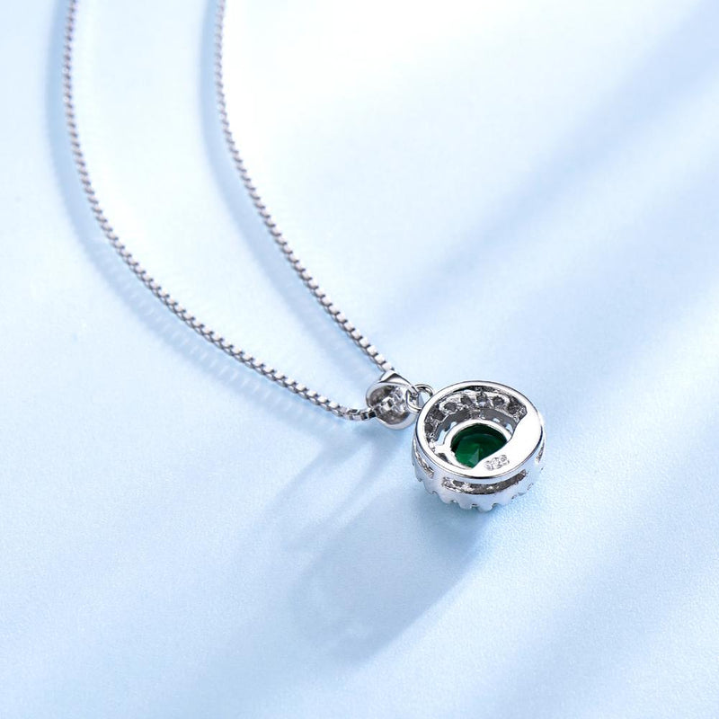 Round Halo Emerald Green Cubic Zirconia Pendant Necklace, Sterling Silver