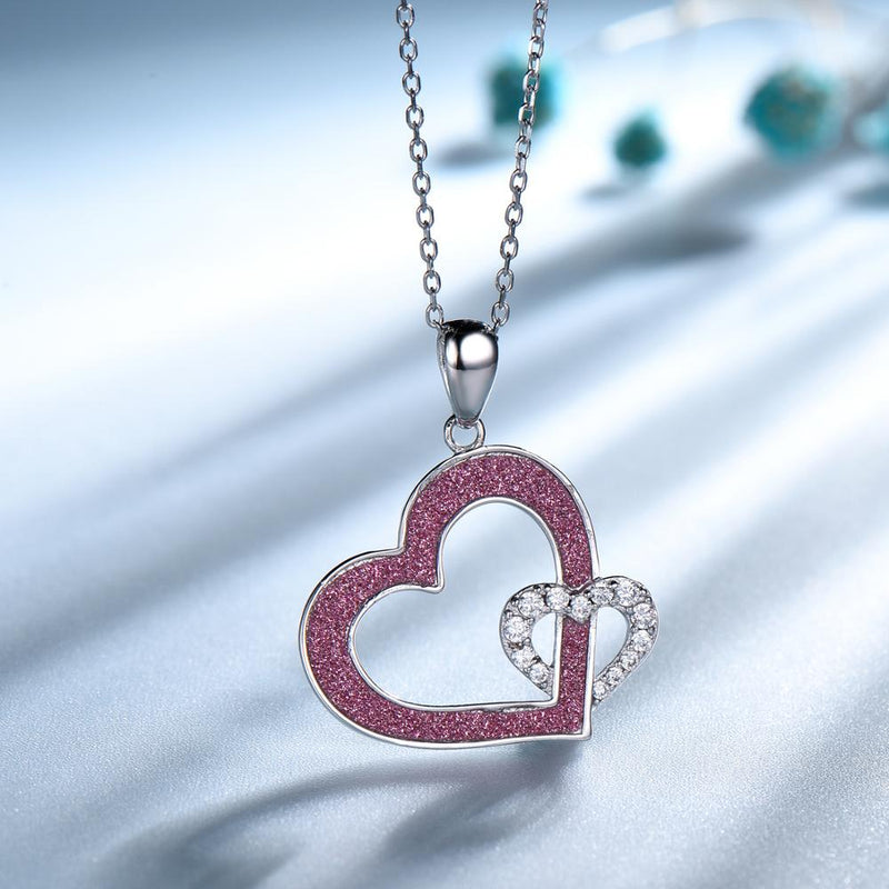 Red and White Double Heart Cubic Zirconia Pendant Necklace, Sterling Silver