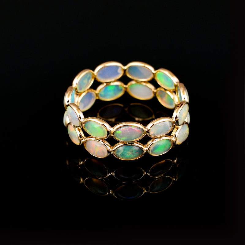 Opal Oval Cabochon Double Line Band, Yellow Gold