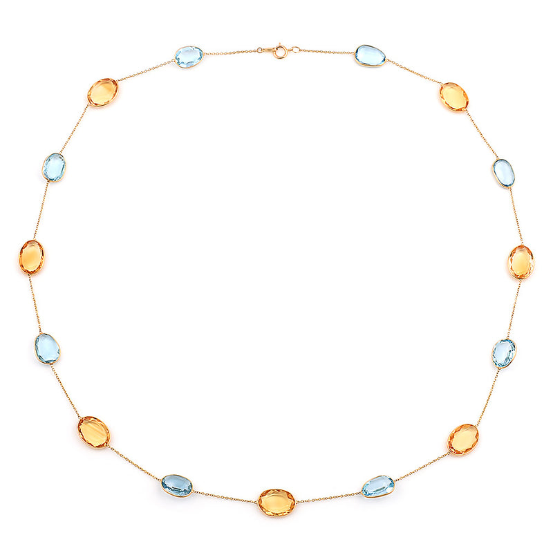 Oval shape Blue Topaz and Citrine Necklace, 18 Karat Gold