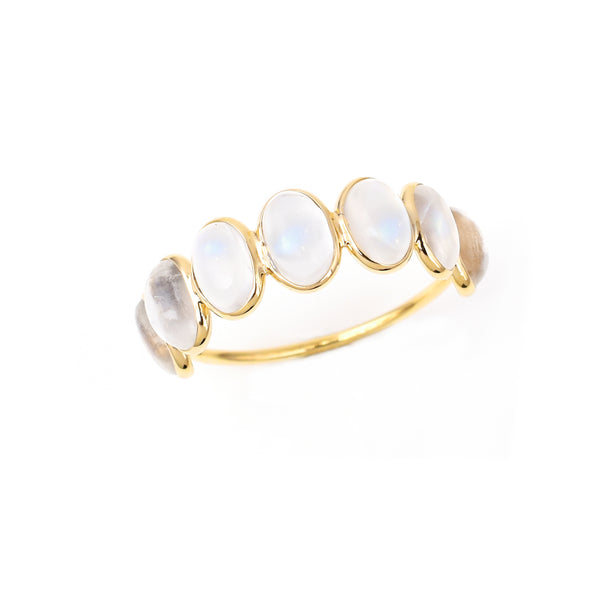 Rainbow Moonstone Oval Cabochon 7 Stone Band, Yellow Gold