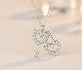 Heart Lock Key Cubic Zirconia Pendant Necklace, Sterling Silver