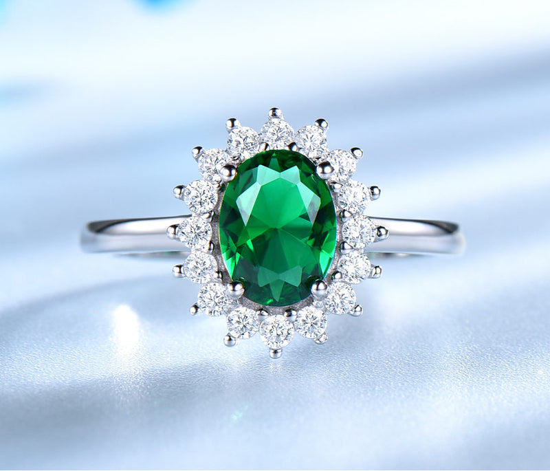 Emerald Green Oval Cubic Zirconia Sterling Silver Ring