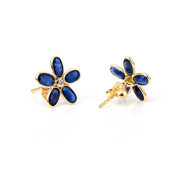Oval Blue Sapphire Floral Earrings with Diamonds, 18k Yellow Gold