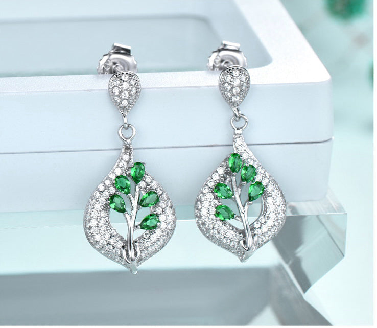 Leaf-Design Emerald Green Cubic Zirconia Sterling Silver Earrings