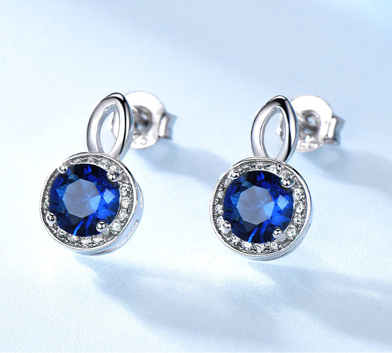 Round Sapphire Blue Cubic Zirconia with an Oval Design, Sterling Silver Earrings