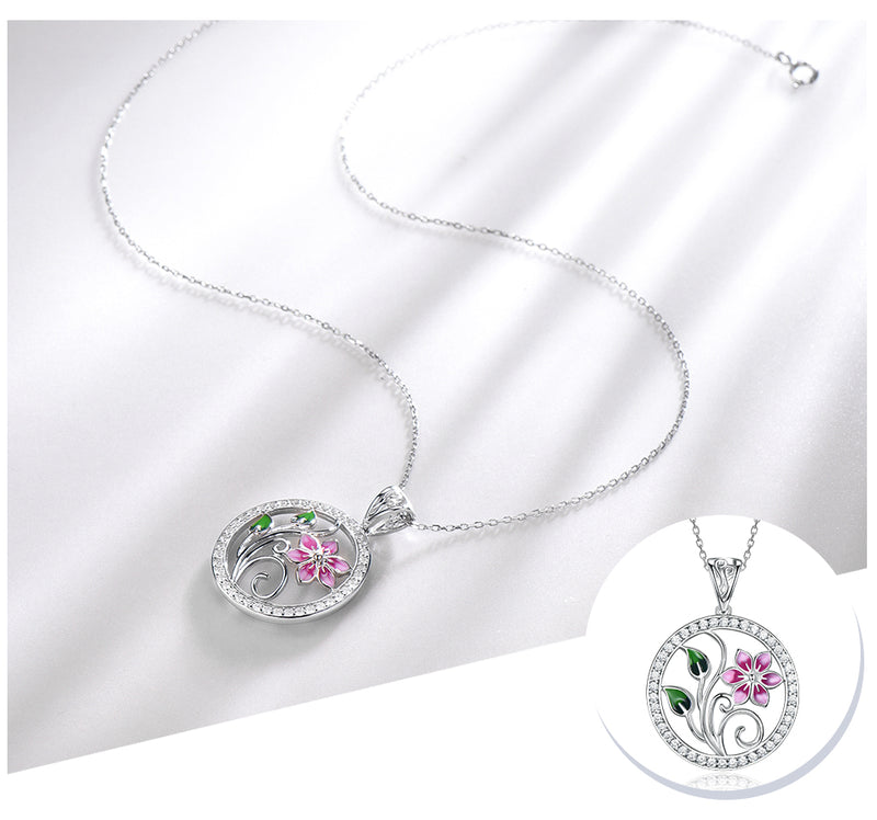 Pink Flower with Leaves Enamel Pendant Necklace, Sterling Silver