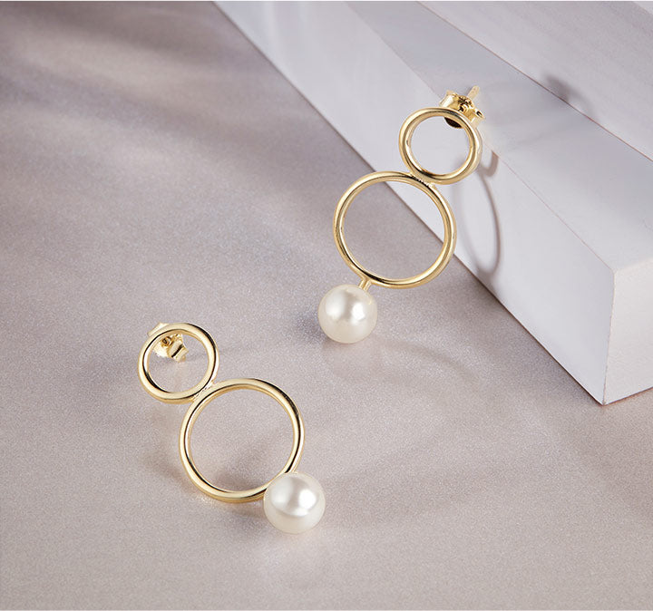 Double Hoop Round Pearl Sterling Silver Earrings