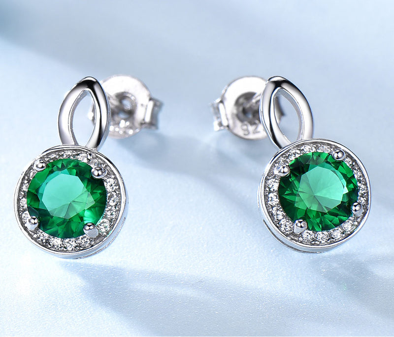 Round Emerald Green Cubic Zirconia with an Oval Design, Sterling Silver Earrings
