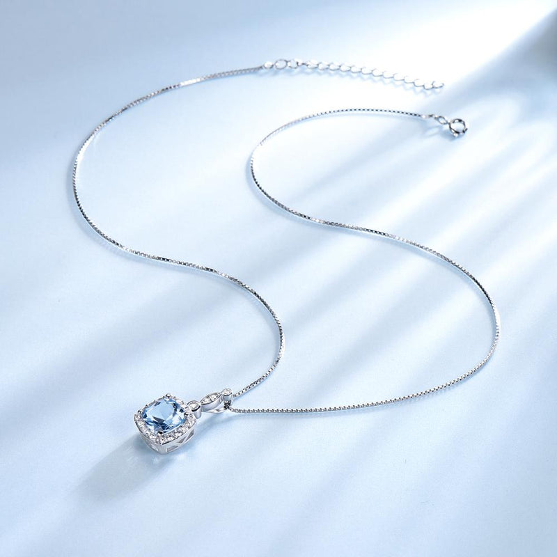 Round Halo-Set Aquamarine Sky Blue Cubic Zirconia Pendant Necklace, Sterling Silver
