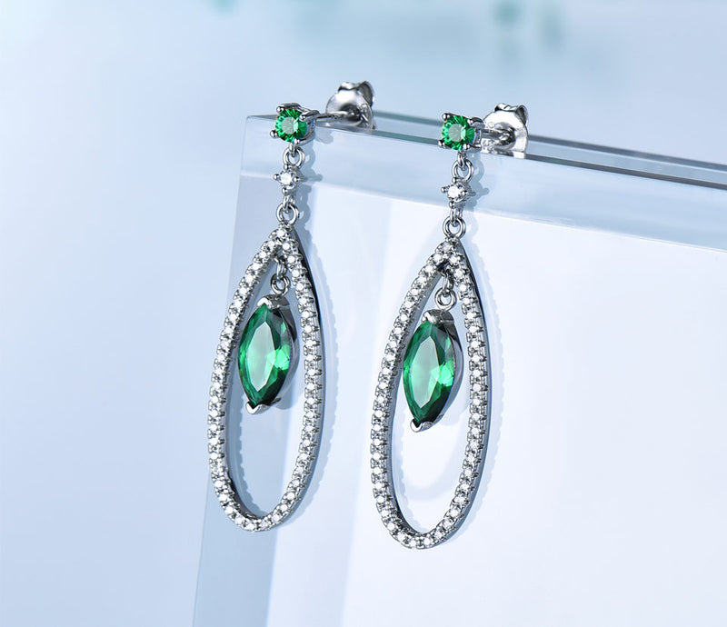 Dangling Round and Marquise Emerald Green Cubic Zirconia Sterling Silver Earrings