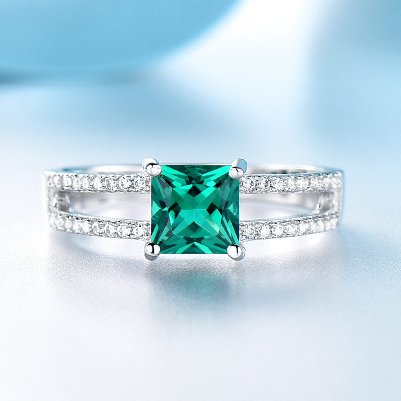 Square Emerald Green Cubic Zirconia Two Row Mounting Sterling Silver Ring