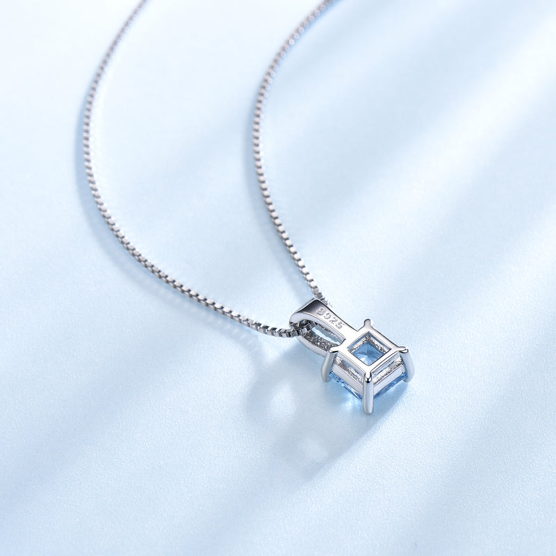 Square Aquamarine Sky Blue Cubic Zirconia Pendant Necklace, Sterling Silver