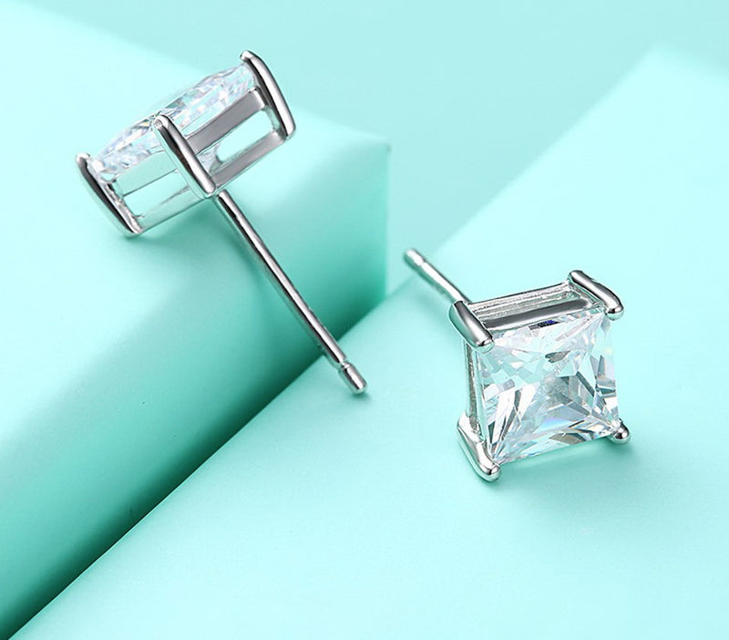 Square White Cubic Zirconia Sterling Silver Stud Earrings