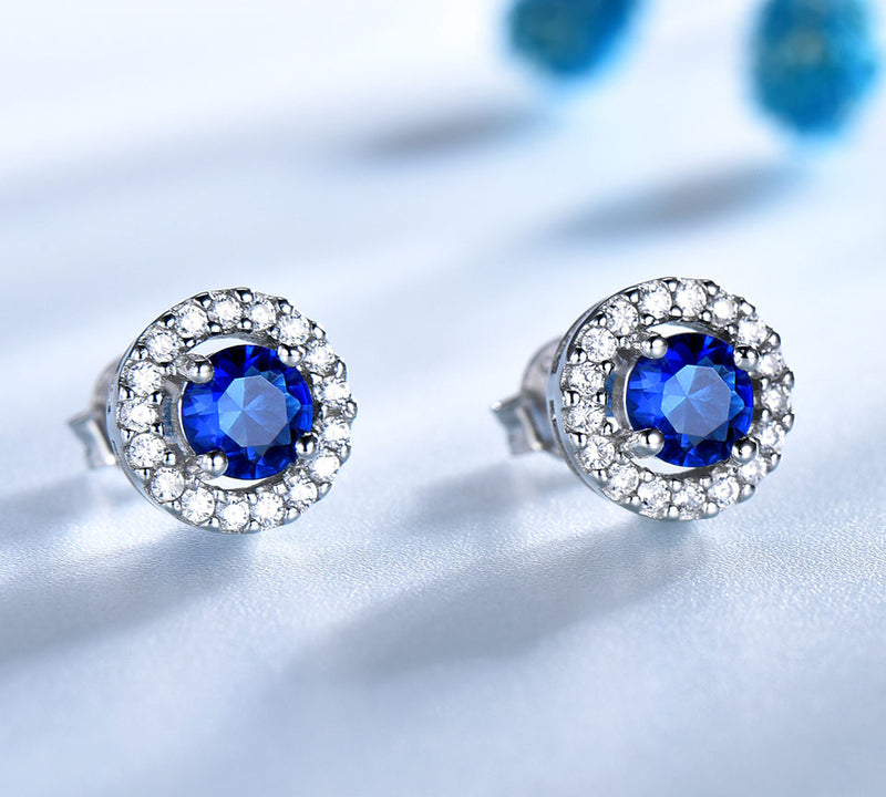 Round Sapphire Blue Cubic Zirconia Sterling Silver Earrings