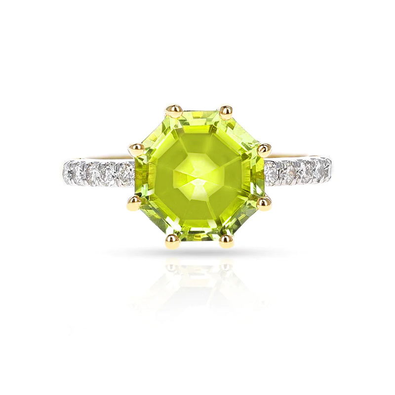 Octagonal Shape Gemstone with Diamonds Ring, 18K Yellow Gold