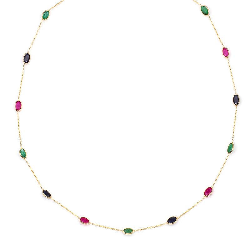 Oval Emerald, Ruby, Sapphire, 18k Yellow Gold Necklace